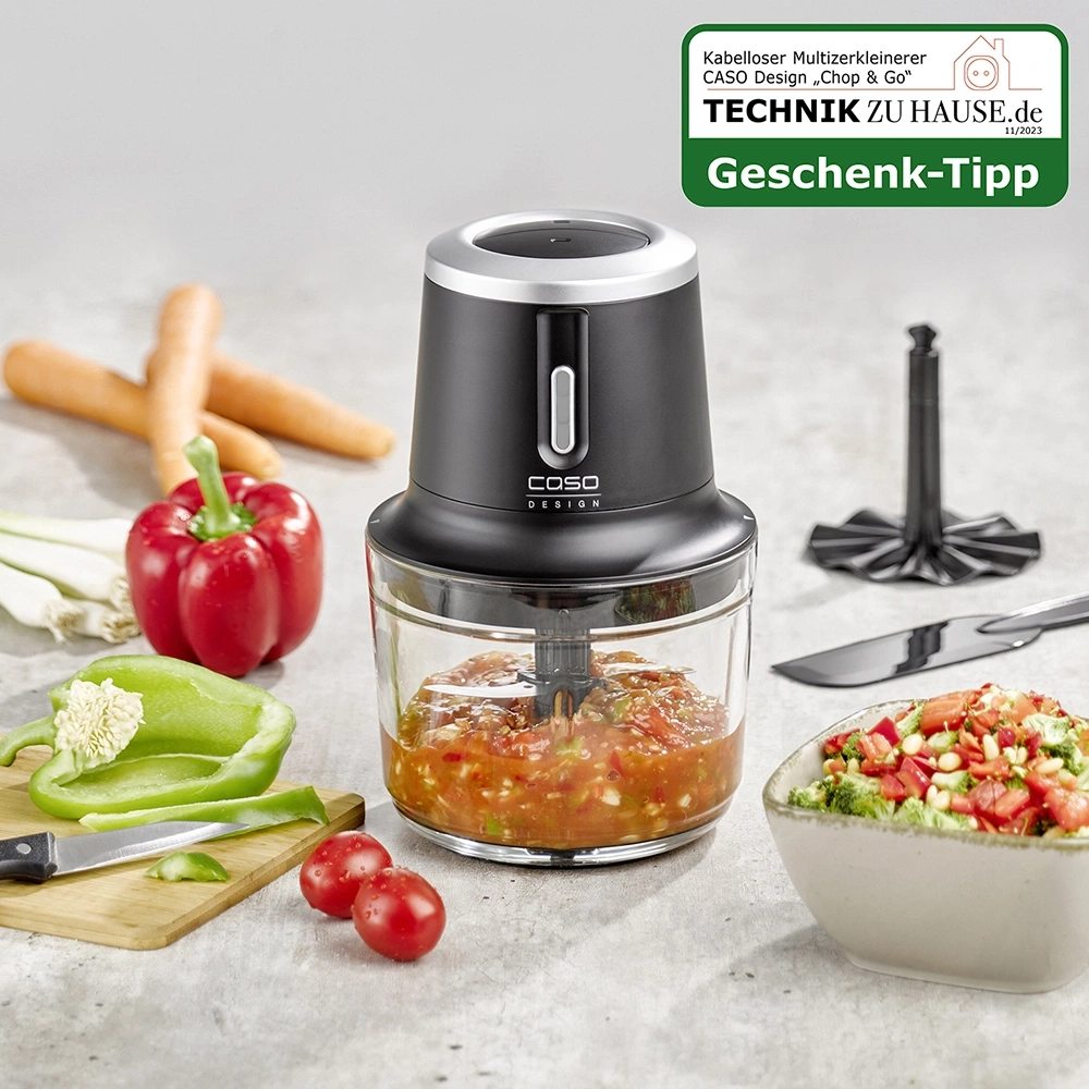 CASO Design „Chop & Go“ Multizerkleinerer mit Gemüse und Geschenk-Tipp.