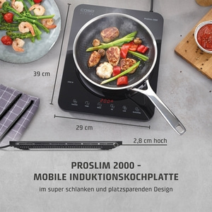 Induktionskochplatte mit Essen, Abmessungen und Text. ProSlim 2000.