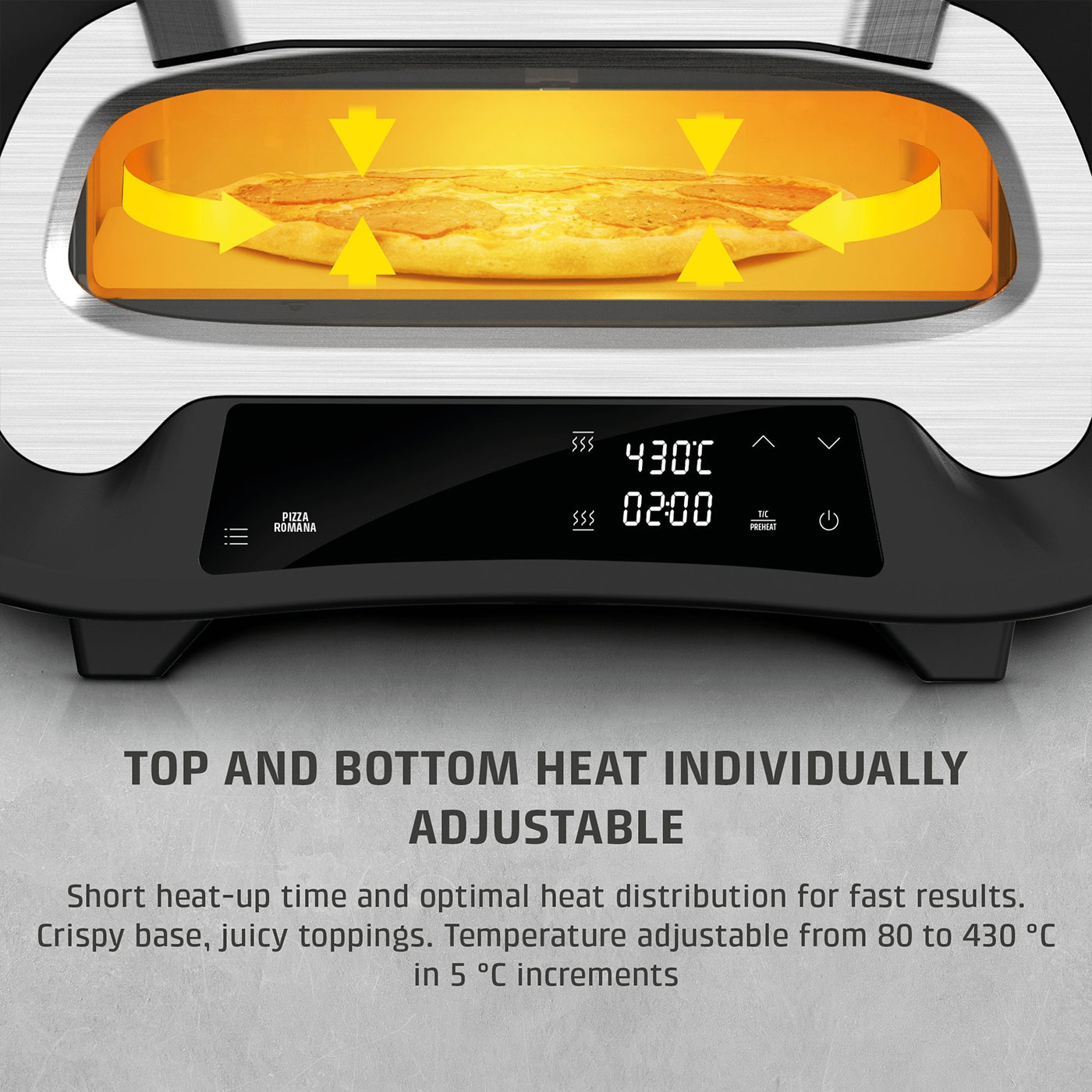 Pizza oven with temperature display and text: Top & bottom heat separately controllable