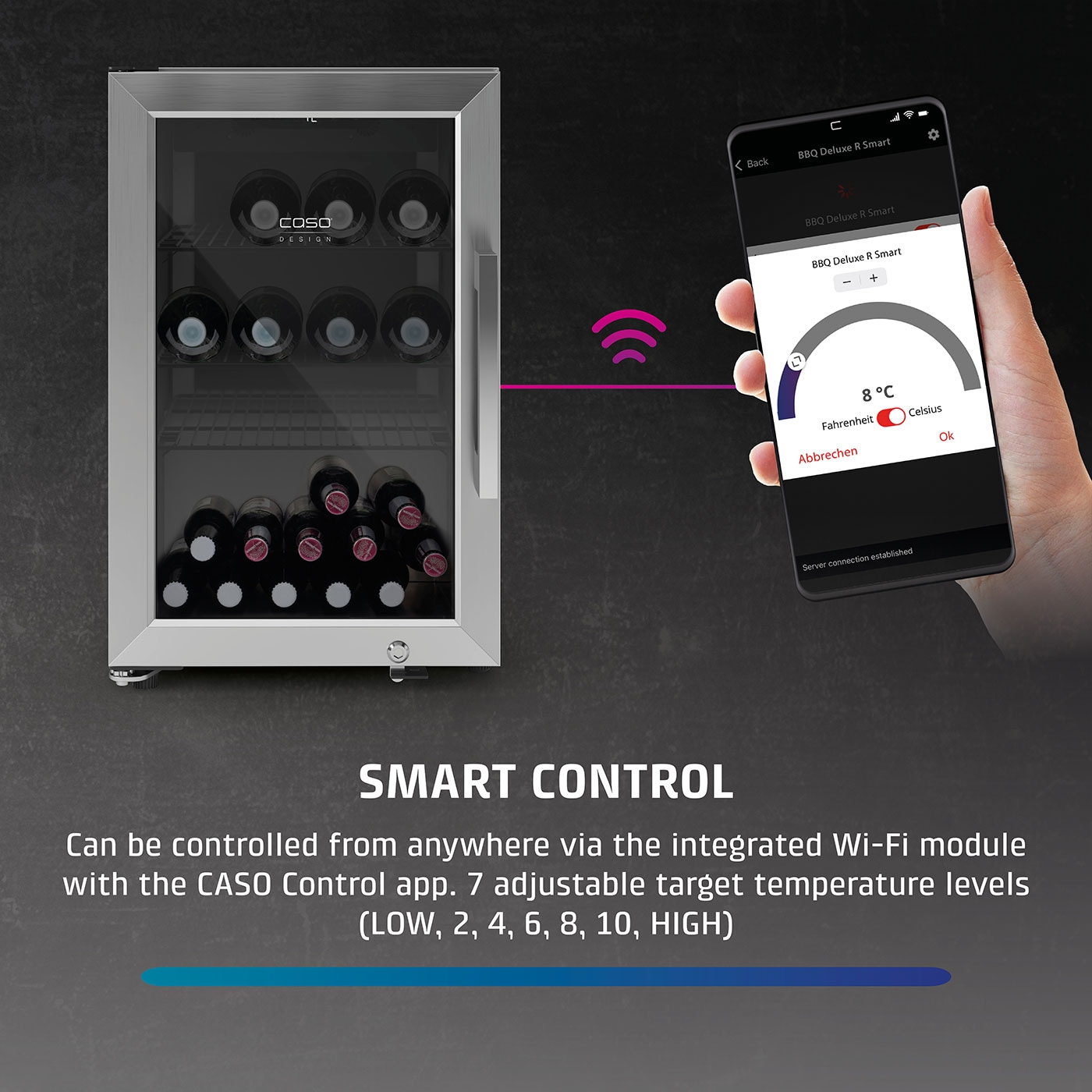 Wine cooler with smartphone control, temperature levels, smart function, CASO app, Wi-Fi