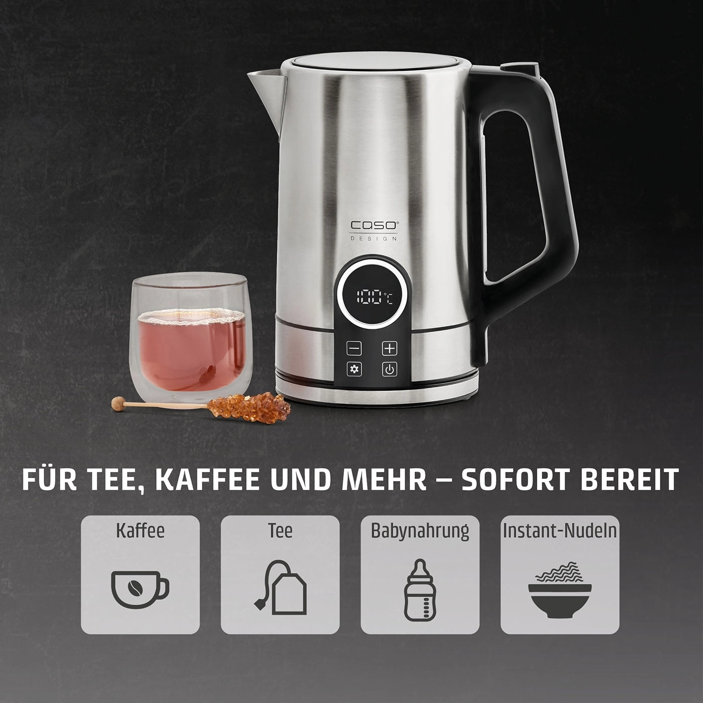 Ein Wasserkocher mit verschiedenen Vorwahltasten für Kaffee, Tee, Babynahrung und Instant-Nudeln.
