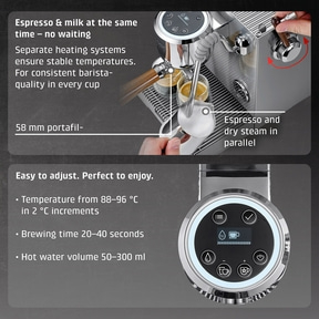 A coffee machine with two espressos and steam wand in use.
