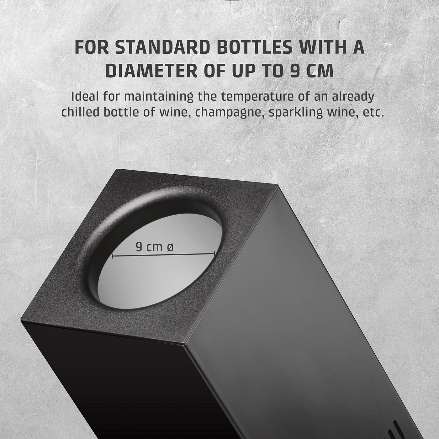 Bottle cooler, 9 cm diameter, ideal for wine, champagne, and sparkling wine.