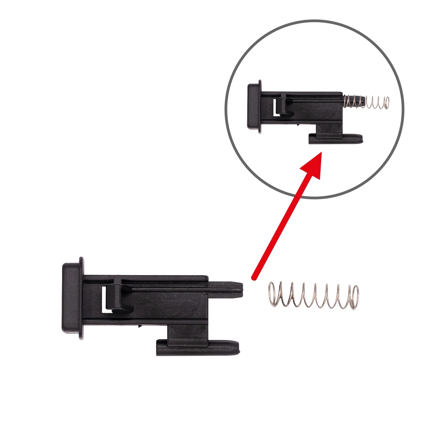 Black plastic part with spring, detailed view, arrow pointing to the part.