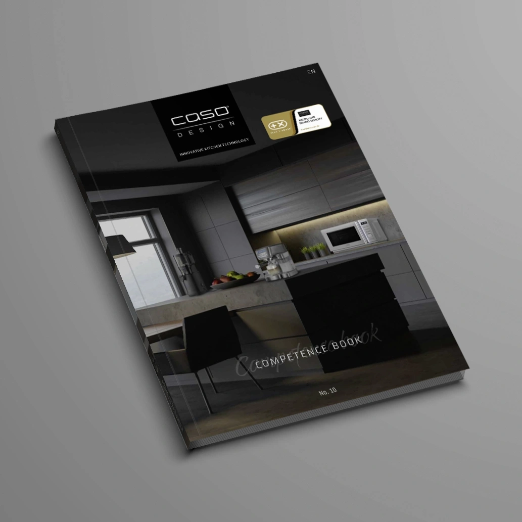 A black cookbook titled "COMPETENCE BOOK" featuring the CASO DESIGN logo.