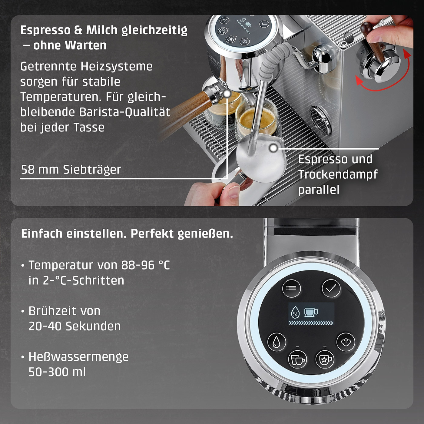 Eine Kaffeemaschine mit zwei Espressos und Dampfdüse im Einsatz.
