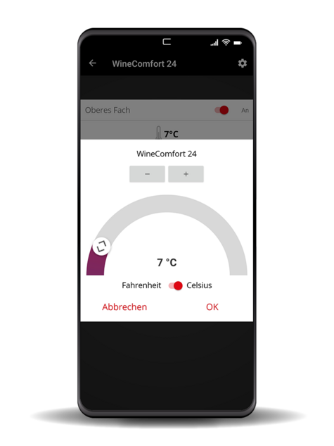 Weinkühler-App mit Temperaturregelung, Celsius-Anzeige und Bestätigung.