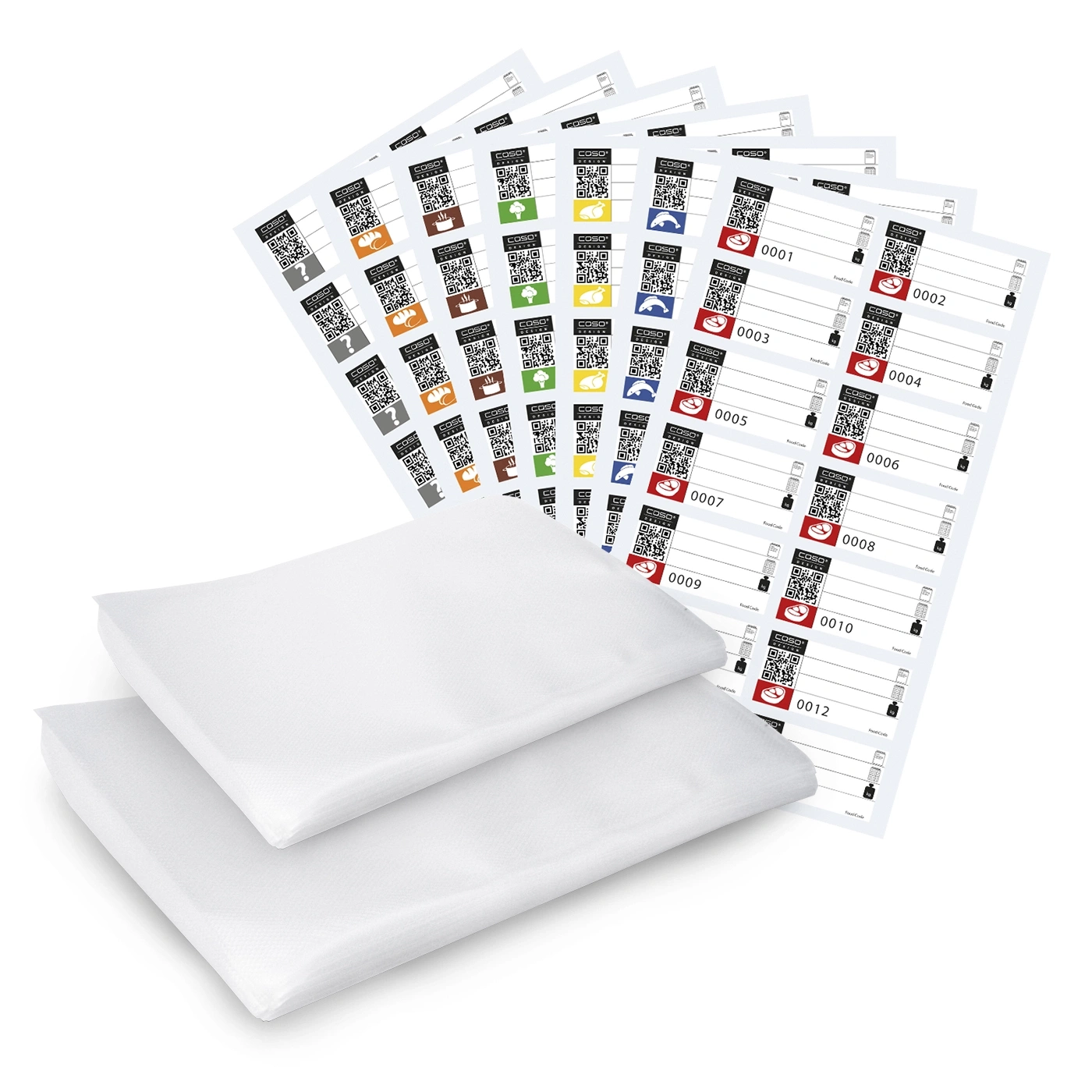 Labels with QR codes and numbers, next to two white pillows, for food storage.