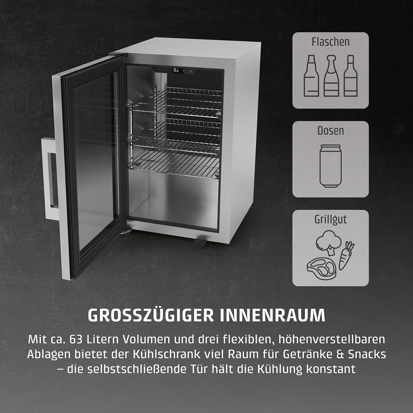 Kühlschrank mit geöffneter Tür, Flaschen, Dosen, Grillgut, Text: Großzügiger Innenraum