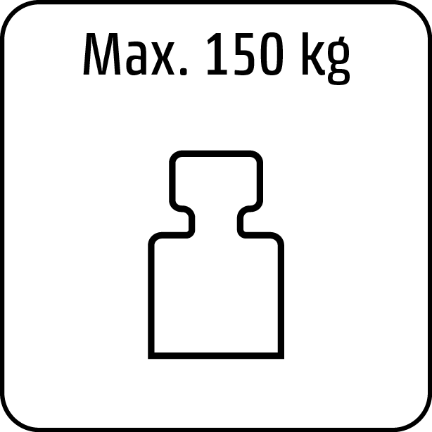 Gewichtsbeschränkung: Maximal 150 kg. Symbol einer Person. Quadratischer Rahmen.
