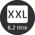 XXL 6.2 liter capacity symbol in a dark circle