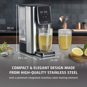 Stainless steel tea machine with compact design, 30 cm high, 29.5 cm wide, 15 cm deep.