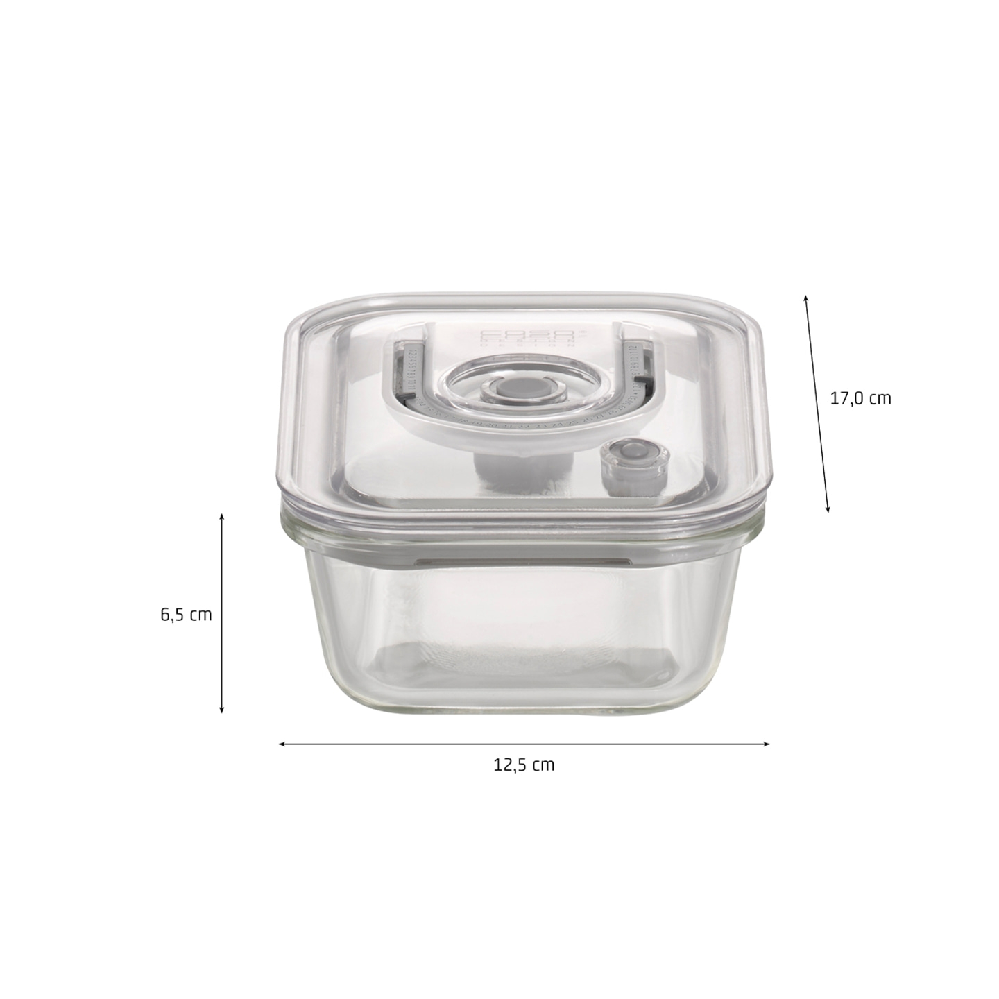 Glass container with lid, dimensions: 17.0 cm x 12.5 cm x 6.5 cm