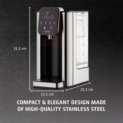 Stainless steel water boiler, 31.5 cm high, 25.5 cm wide, 15.5 cm deep, compact design
