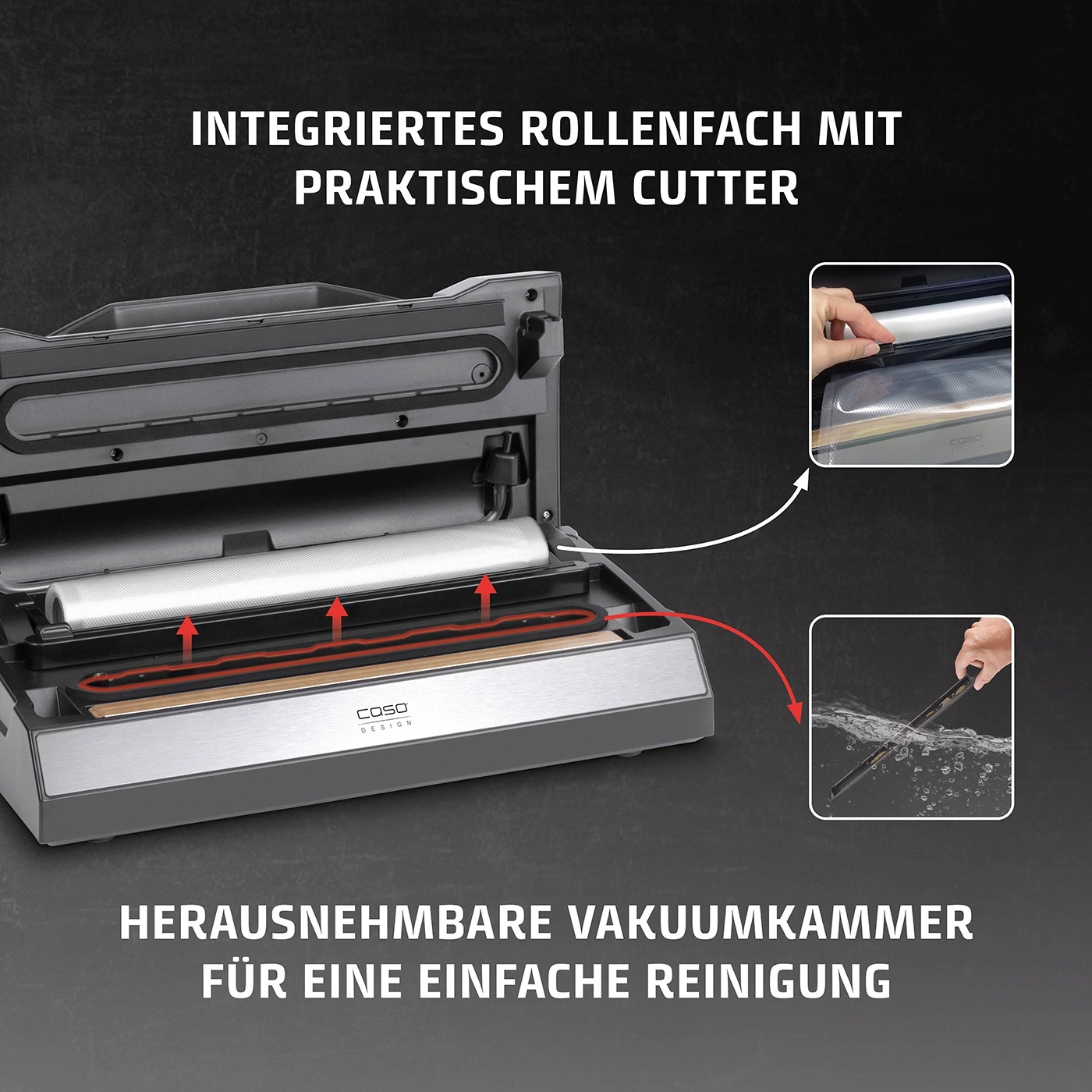 Vacuum sealer with roll compartment and cutter, removable vacuum chamber for easy cleaning