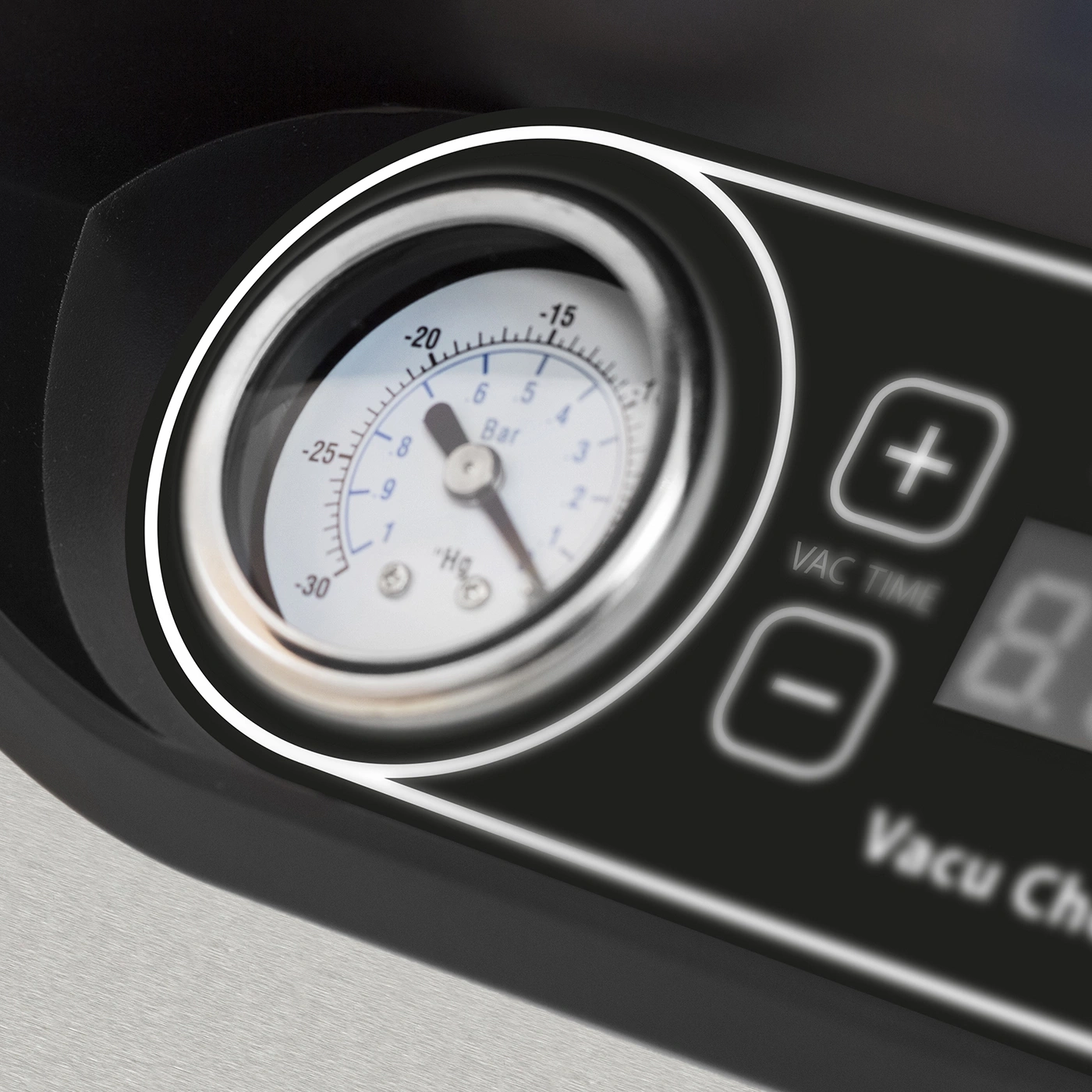Vakuummeter mit Bar-Anzeige und Bedienelementen für die Vakuumzeit.