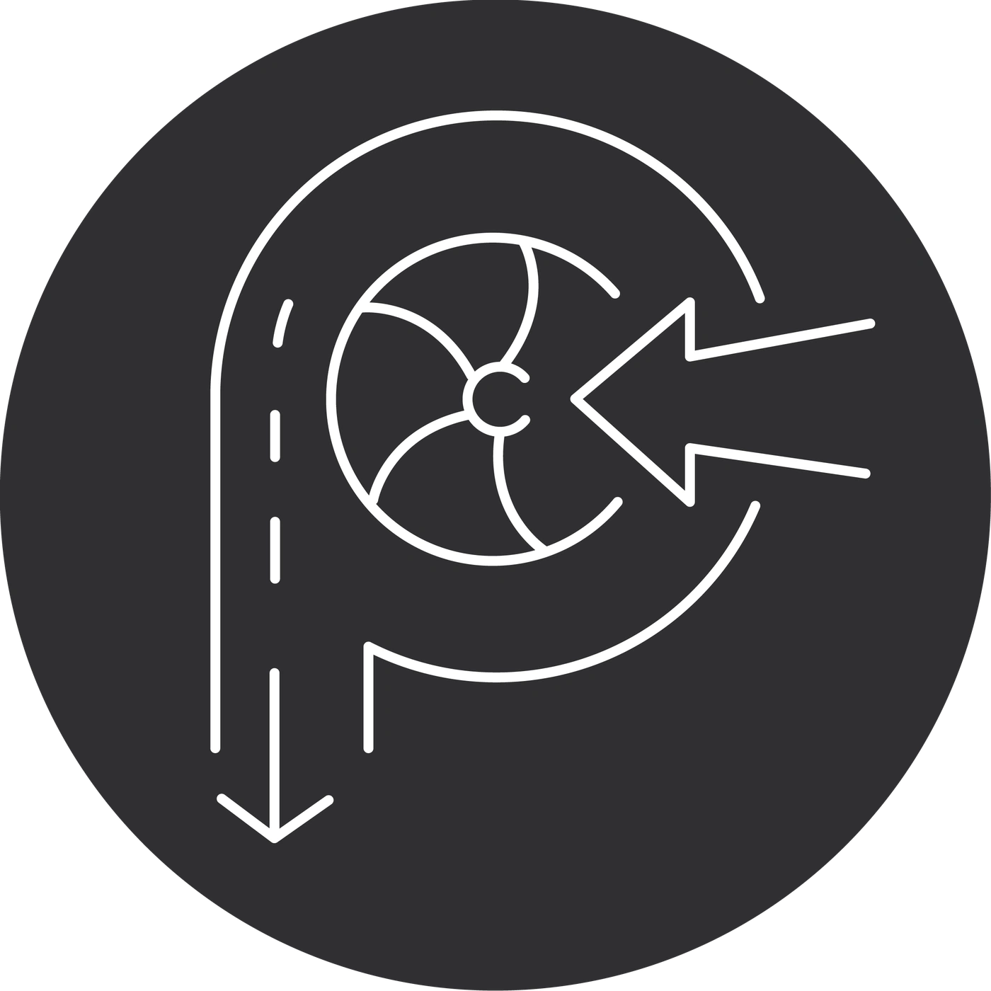 Turbine symbol, arrow, flow, energy, cycle, technology, black, white, round, design