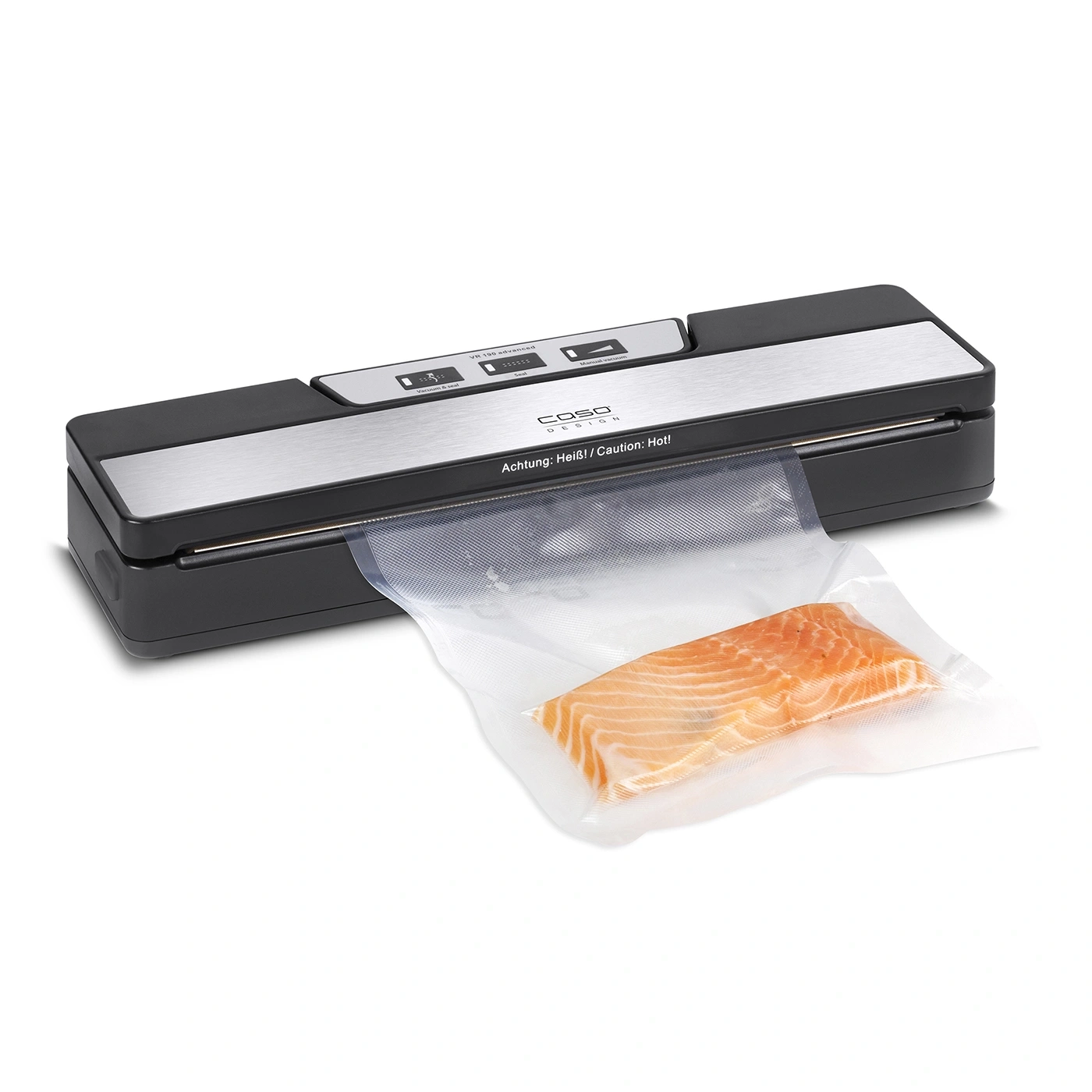 Vacuum sealer with salmon in a bag, ready for vacuum sealing process.