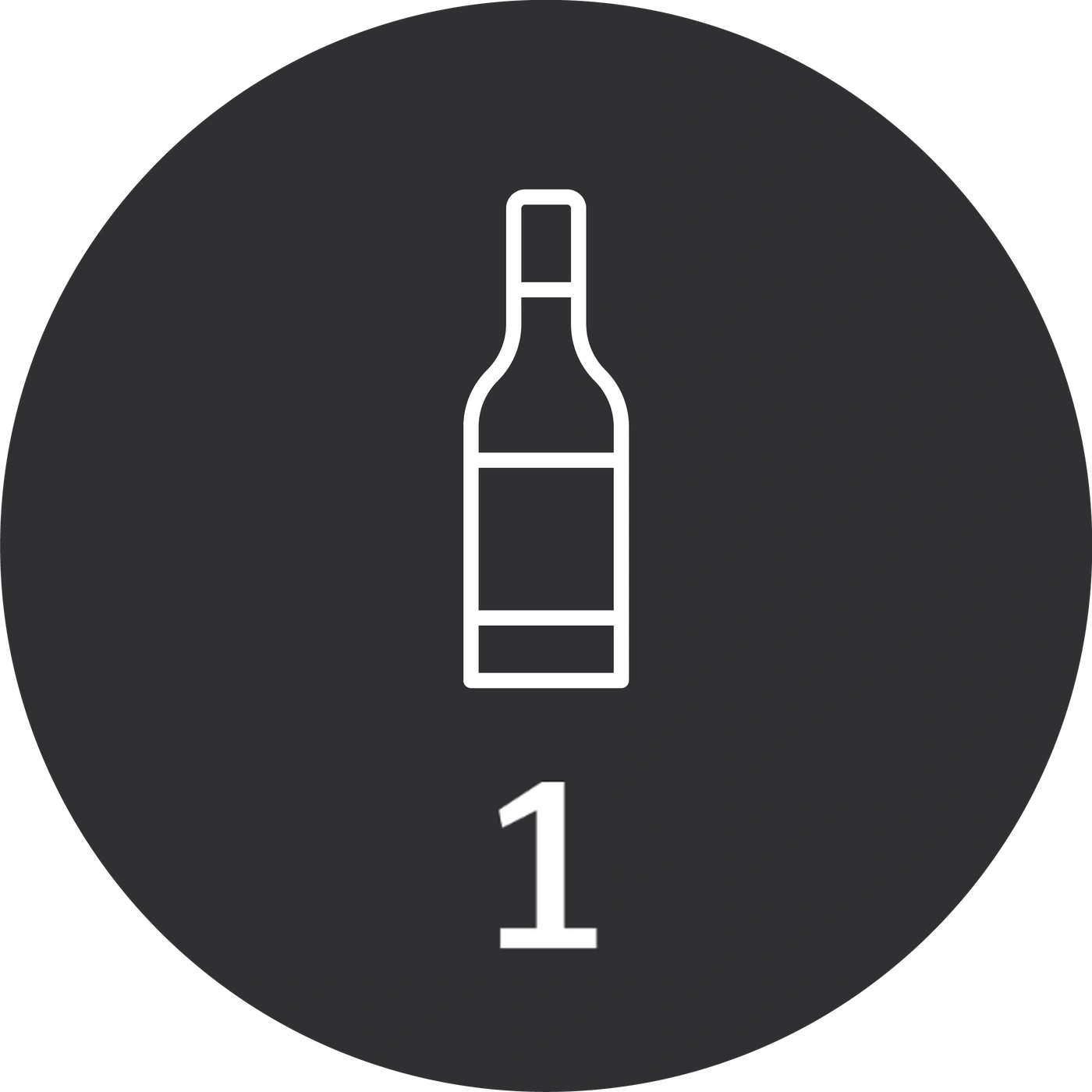 A circle with a wine bottle and the number 1 in white on a black background.