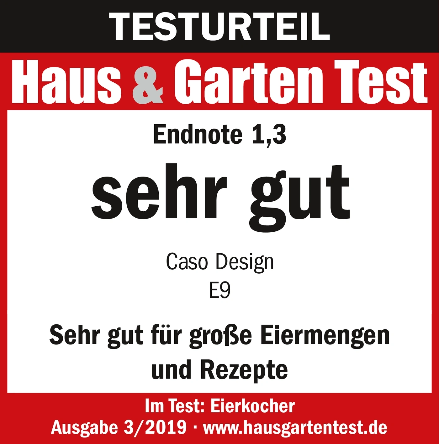 Testurteil Haus & Garten Test, Endnote 1,3, sehr gut, Caso Design E9, Eierkocher, Ausgabe 3/2019