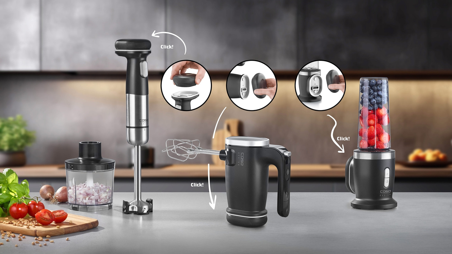Küchengeräte-Set: Stabmixer, Handmixer und Mixer mit Früchten. Klick-Anweisungen.