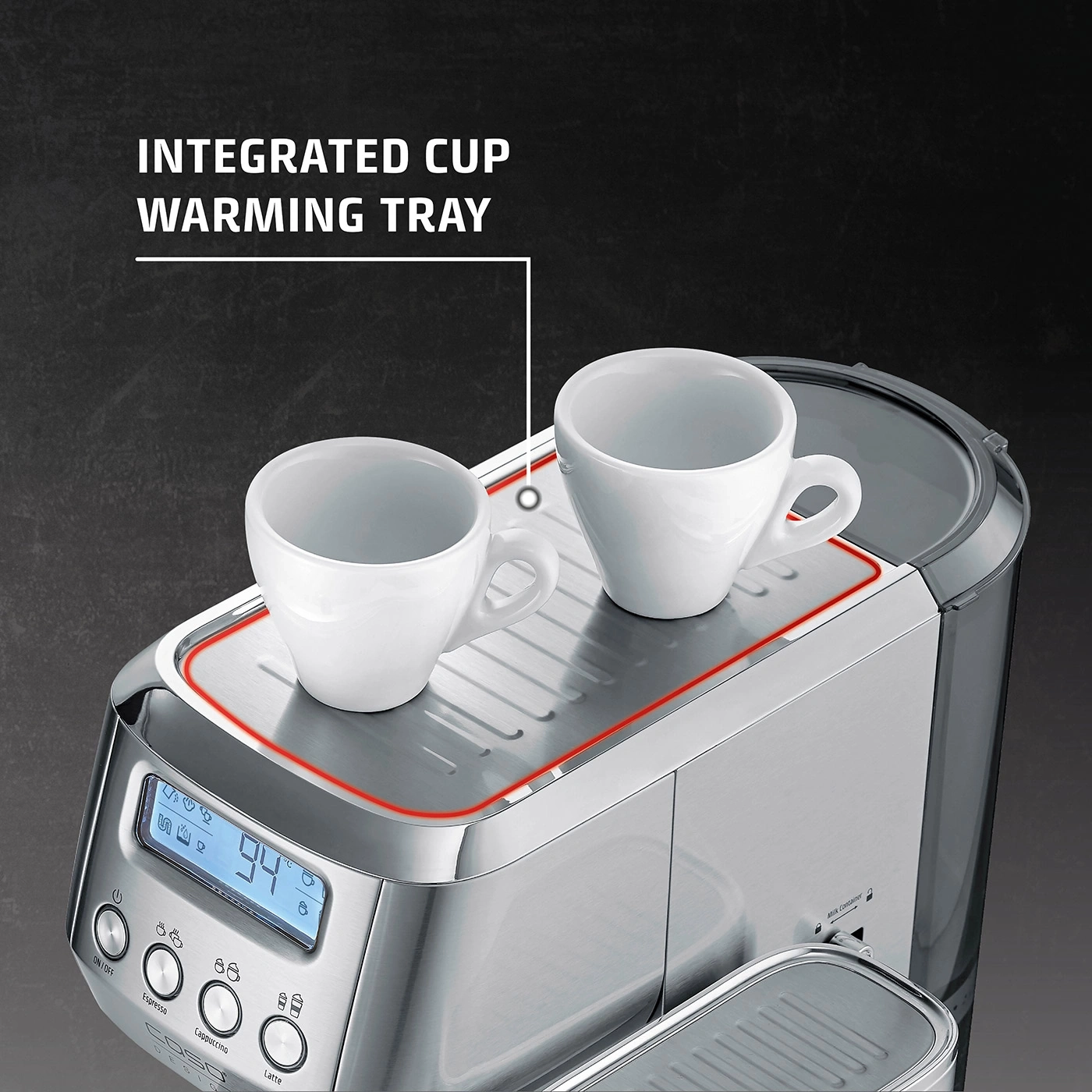 Coffee machine with cup warmer, two cups, temperature display, espresso, cappuccino, latte.