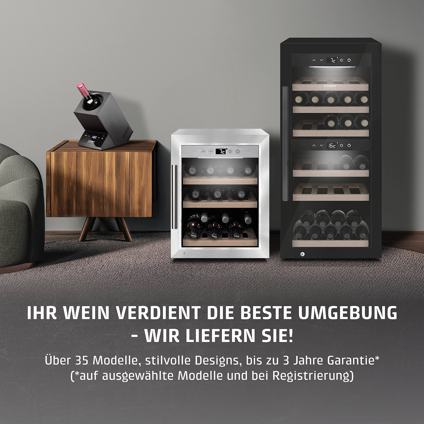 Weinkühler-Anzeige mit Text: Ihr Wein verdient die beste Umgebung.