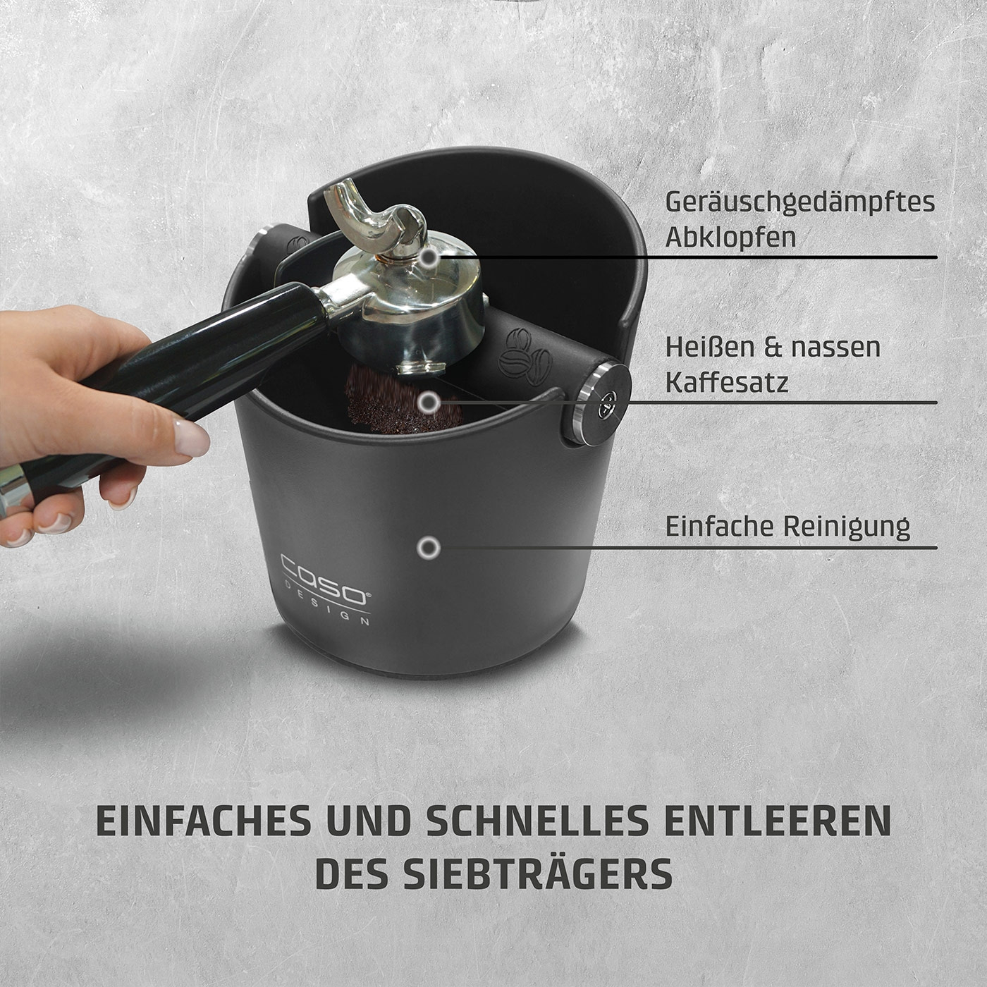 Kaffeemaschine mit den Eigenschaften Geräuschgedämpftes Abklopfen, Heißen & nassen Kaffeesatz, Einfache Reinigung.