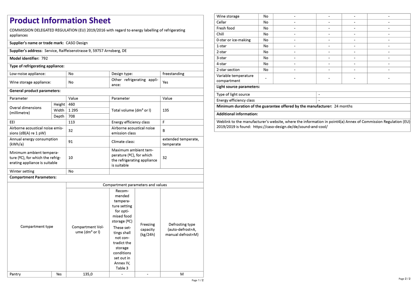 Product data sheet with technical specifications for a refrigerator from CASO Design.