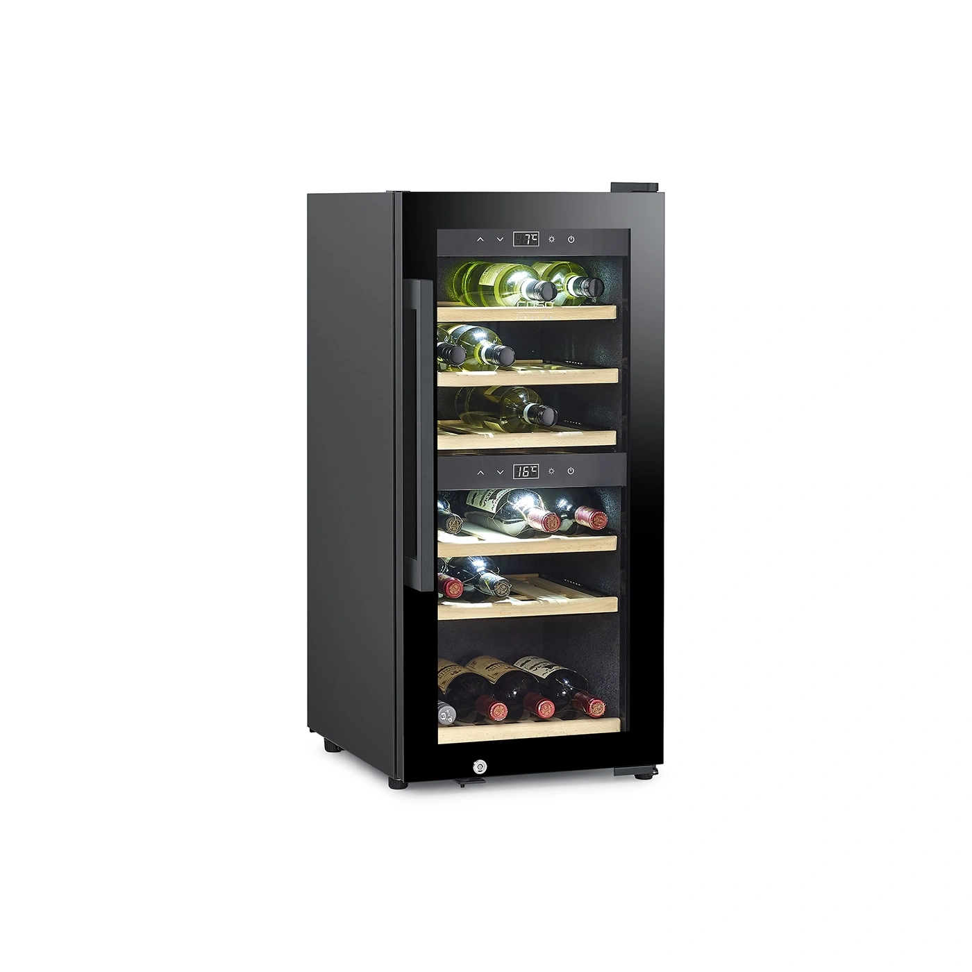A black wine cooler with a glass door and wooden shelves, filled with wine bottles.