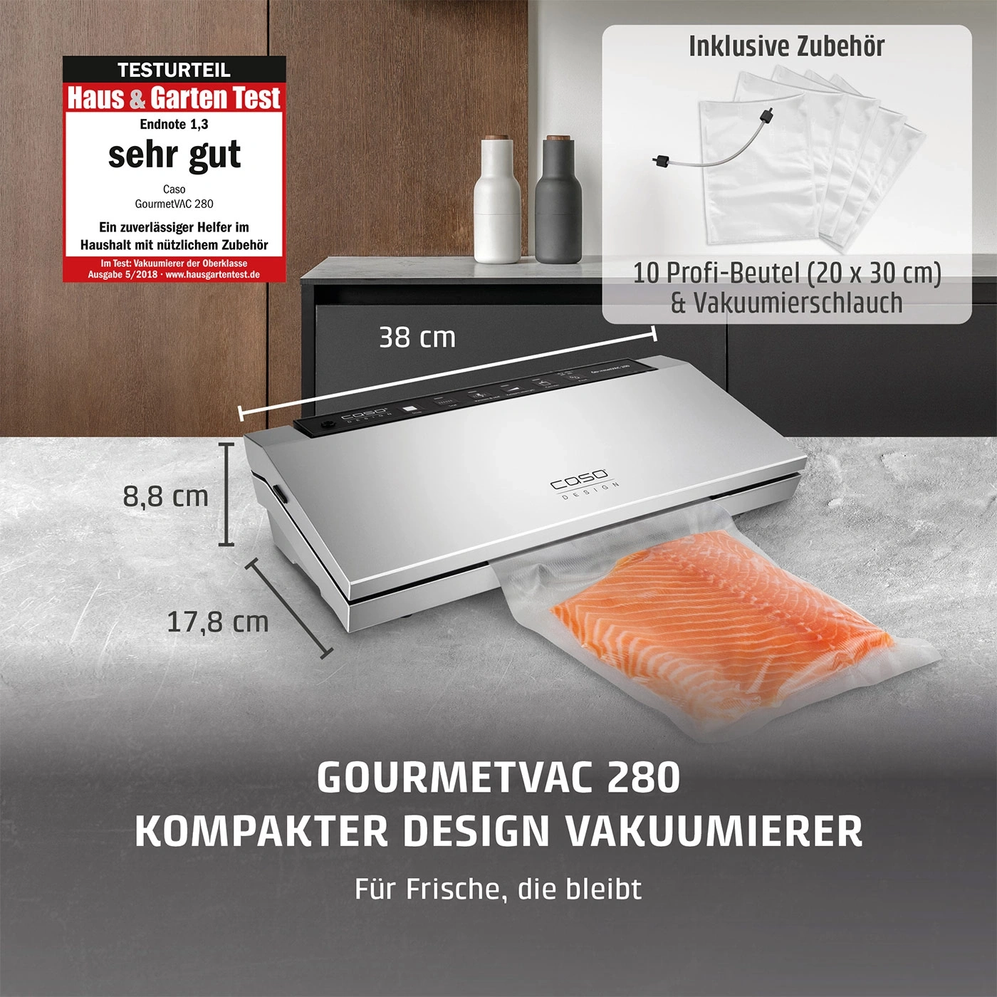 Ein Vakuumierer mit Zubehör und Maßen, der Lebensmittel frisch hält.