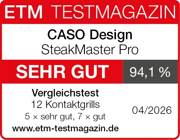 Etikett von ETM Testmagazin mit CASO Design SteakMaster Pro Bewertung Sehr Gut 94,1%