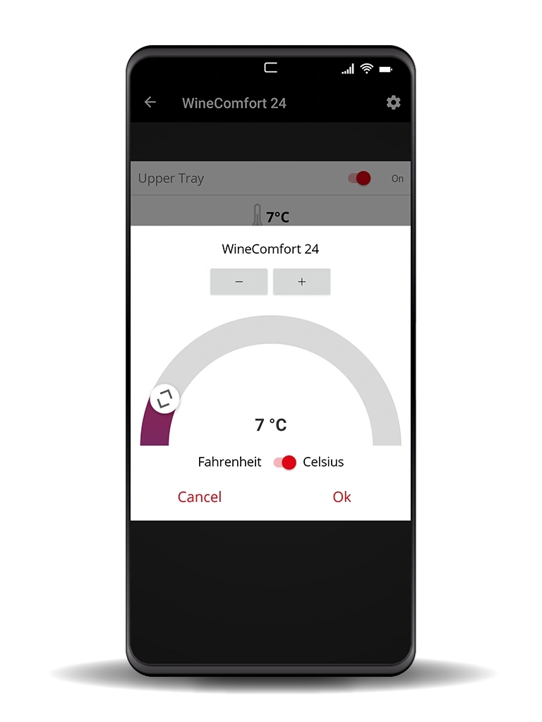 Smartphone app for wine cooler temperature control with options and settings.