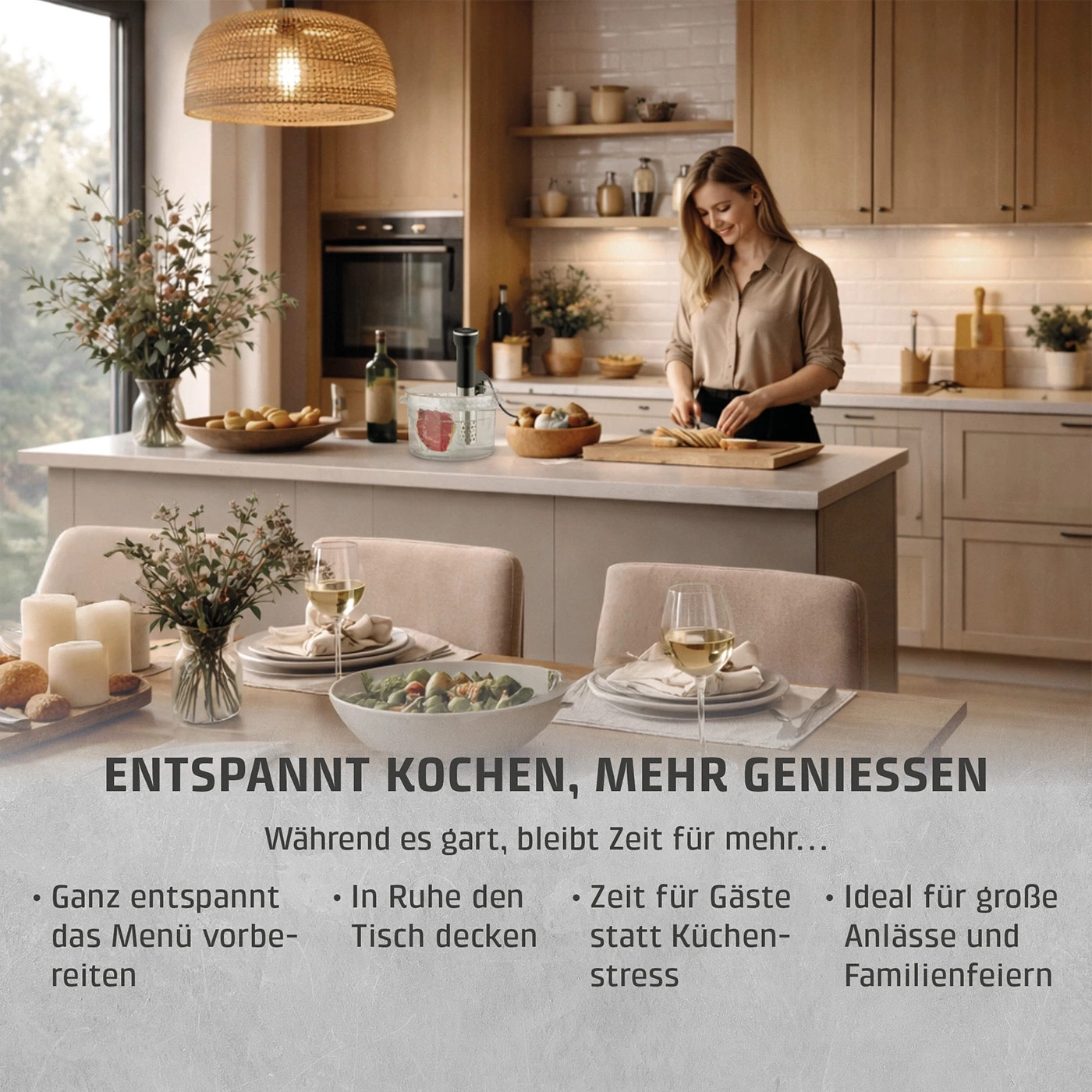 Eine Frau kocht entspannt in einer modernen Küche, während das Essen gart.