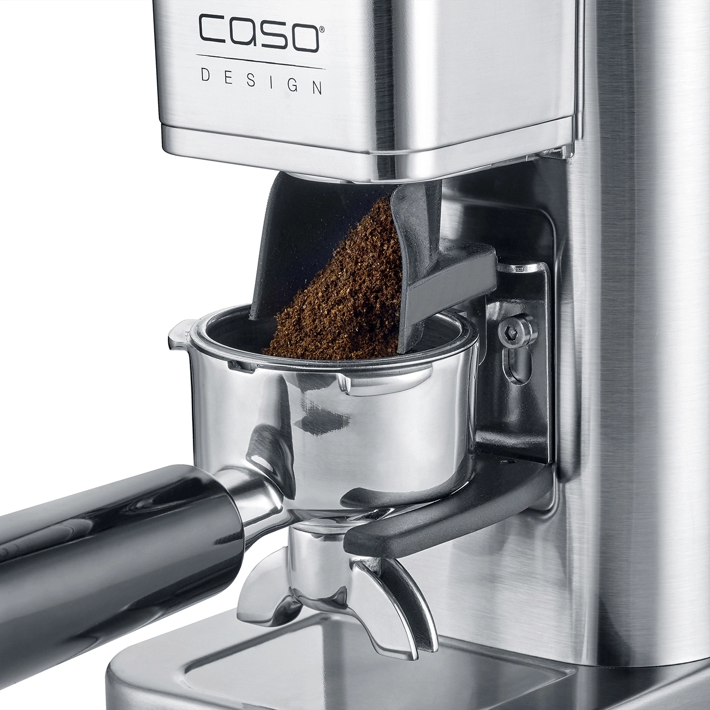 Kaffeemühle mit Kaffeepulver, Edelstahl, Caso Design, Nahaufnahme, Detail