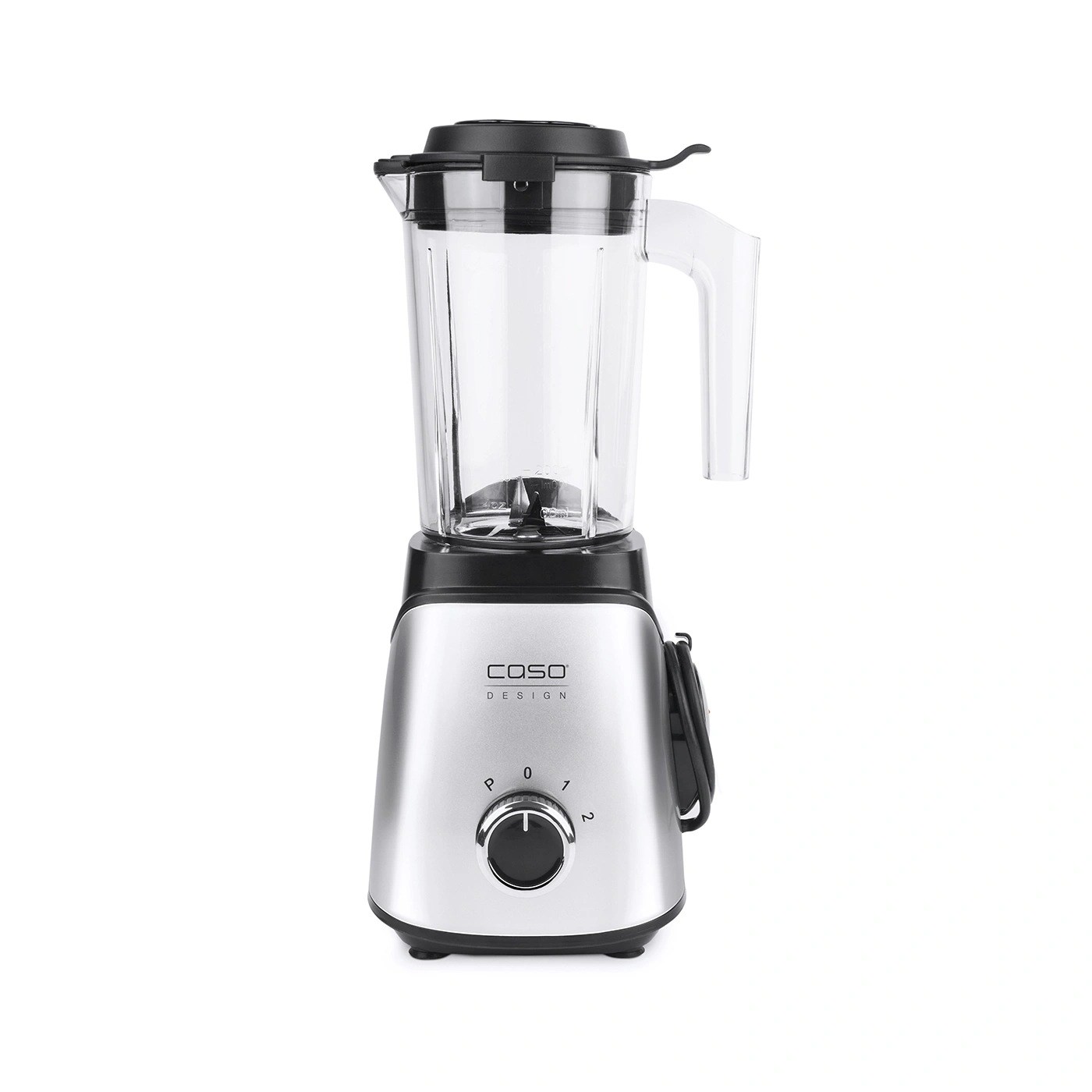 Silver Caso Design blender with glass container and dial for different speeds.