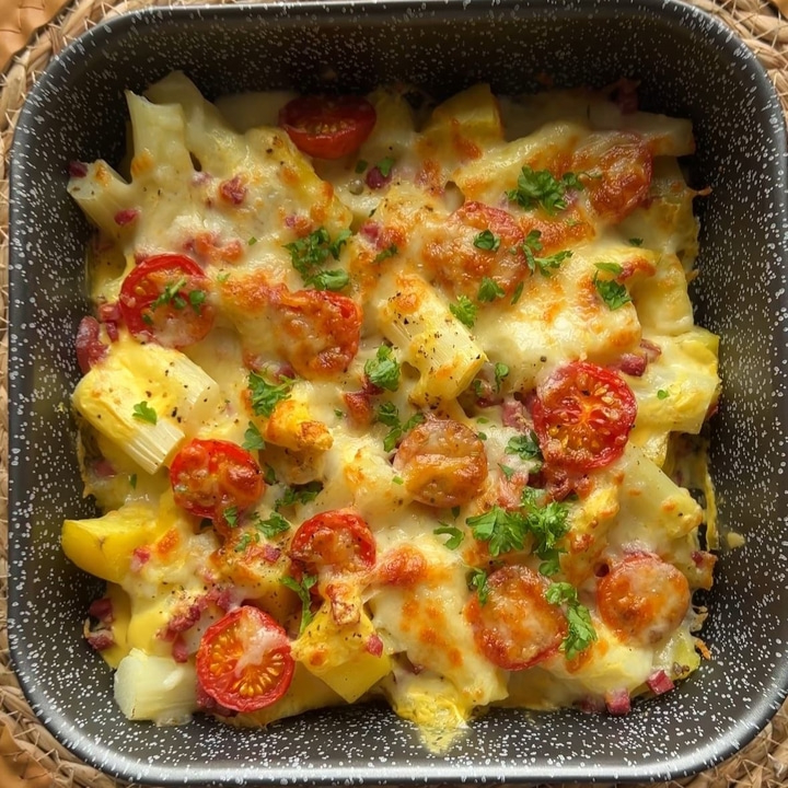 Baked pasta with tomatoes, cheese and herbs in a black baking dish