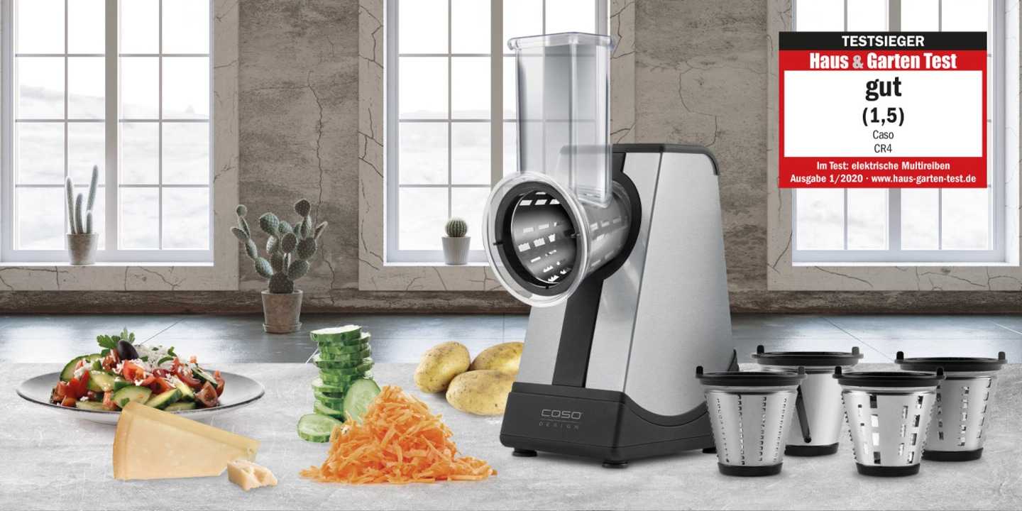 Elektrische Küchenreibe mit Gemüse und Käse, Testurteil 'gut' (1,5) von Haus & Garten Test.