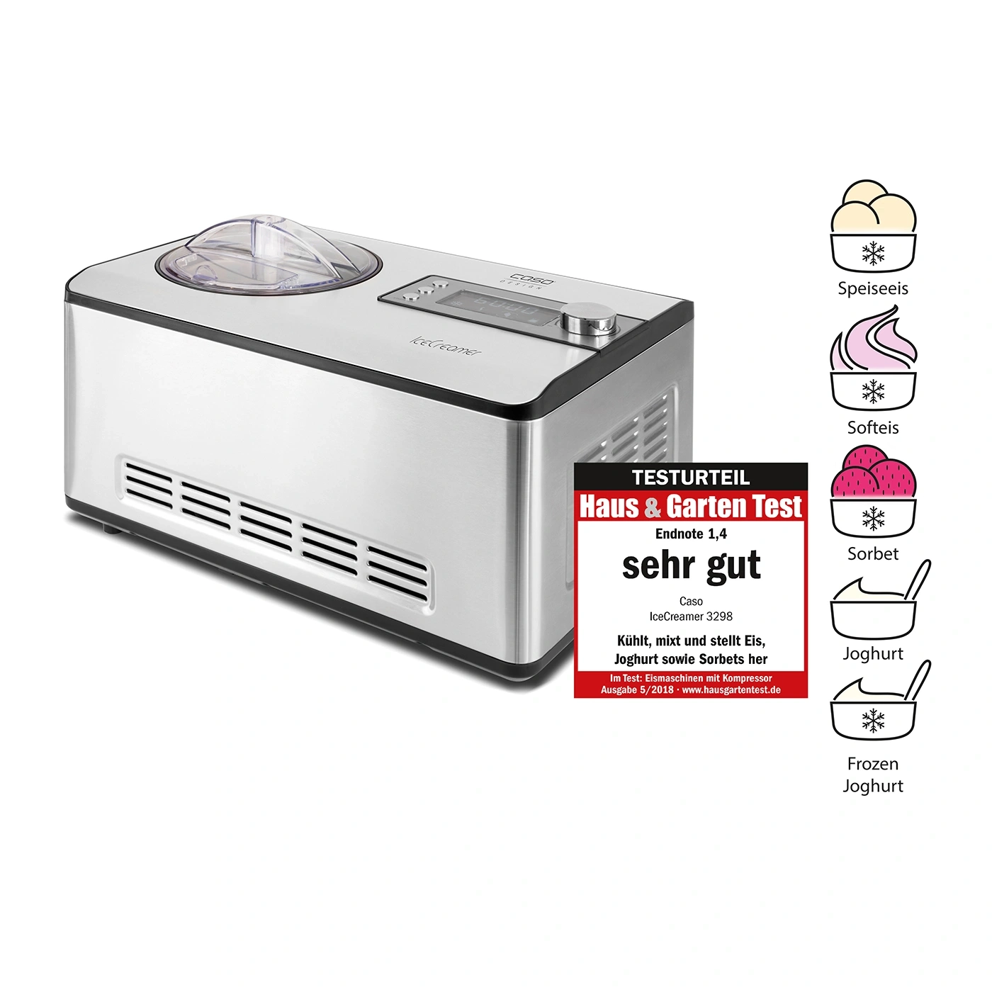 Ice cream machine with test result, ice cream, yogurt and sorbet.