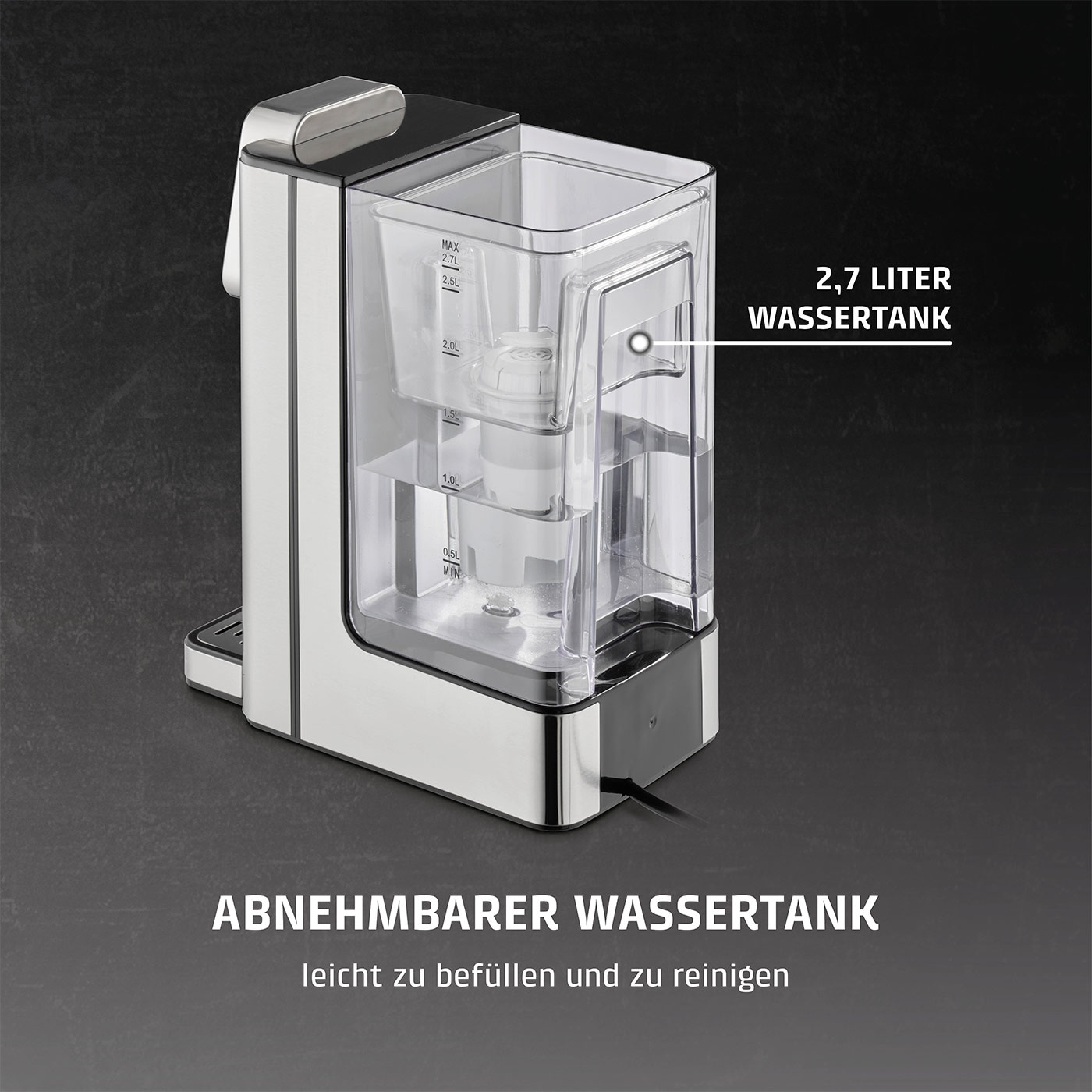 Kaffeemaschine mit abnehmbarem Wassertank, 2,7 Liter, leicht zu befüllen und reinigen.