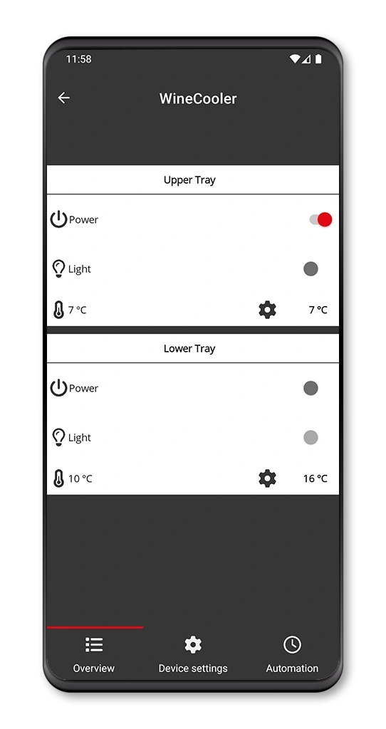 Wein-Kühler-App mit Ober- und Unterkorb-Einstellungen für Temperatur und Licht.