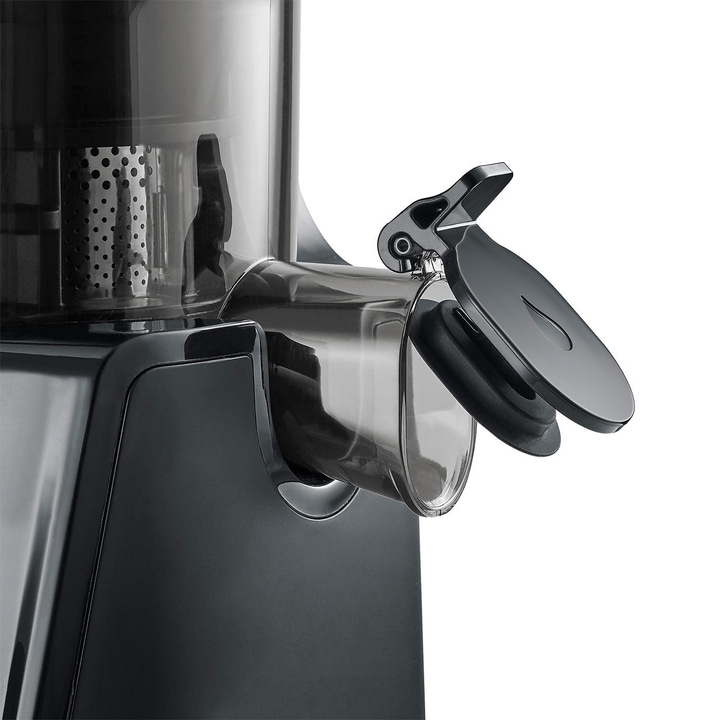 Close-up of a black juicer with an open lid and transparent components