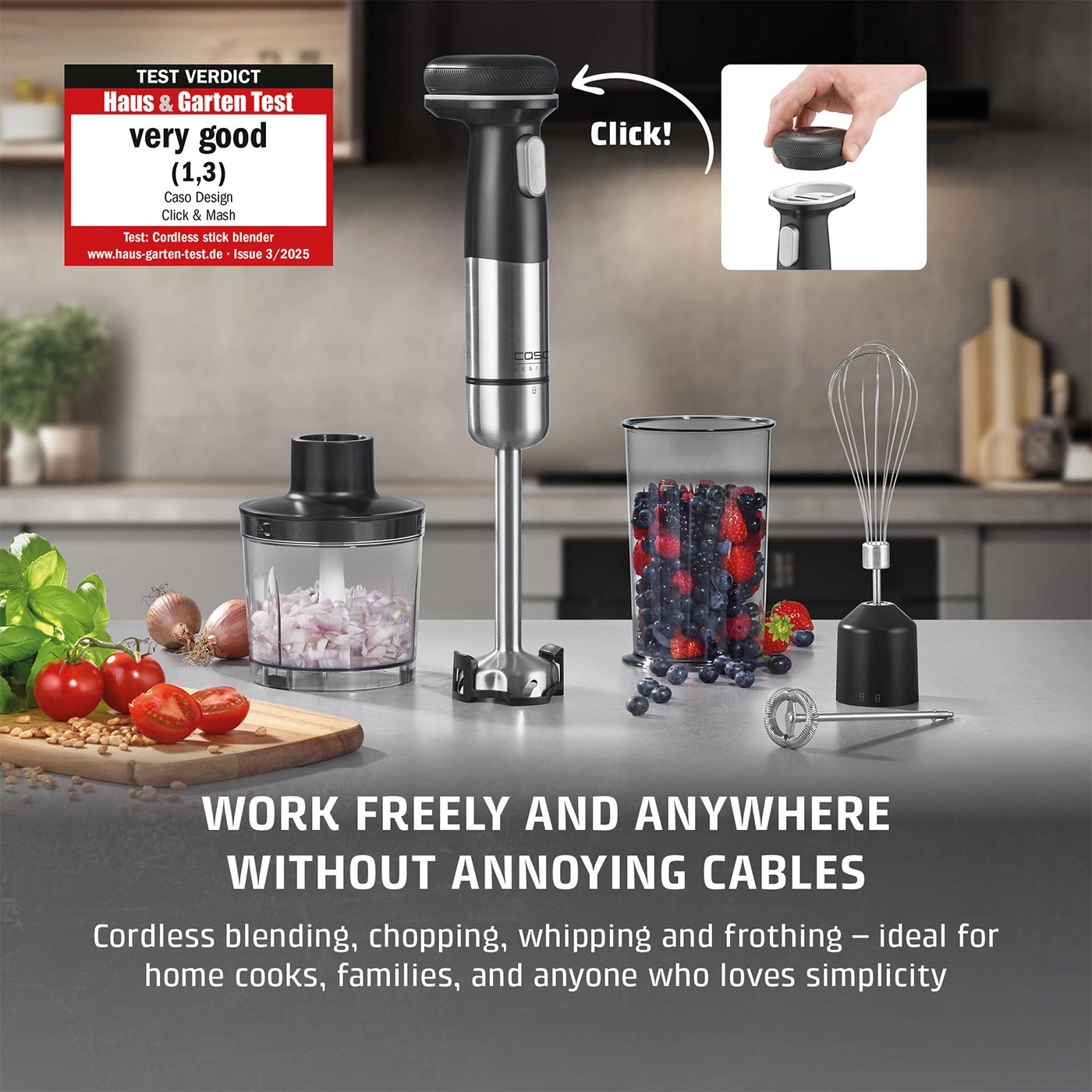 An immersion blender with accessories and berries in a glass.