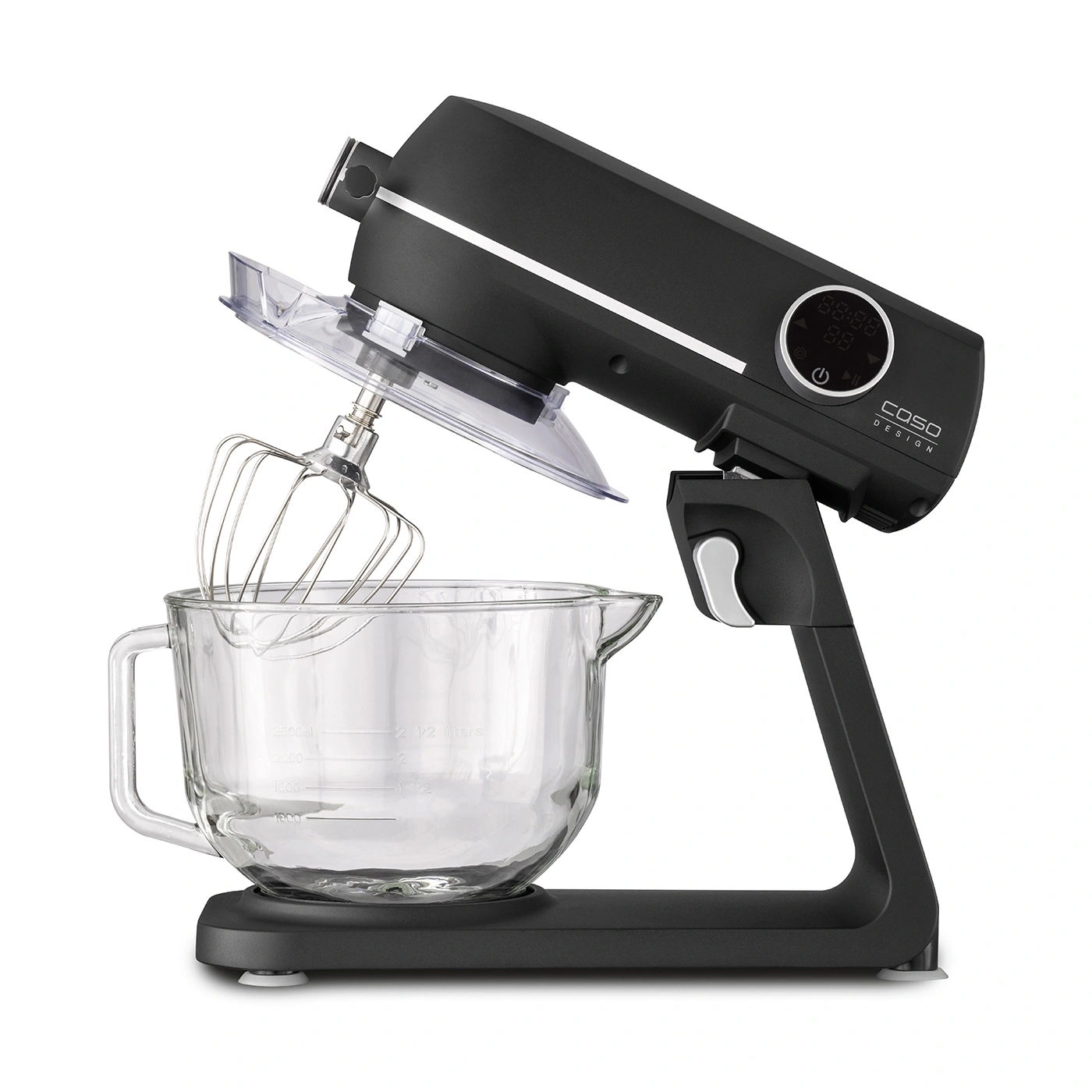 Black stand mixer with glass bowl and whisk, ready for baking and cooking.