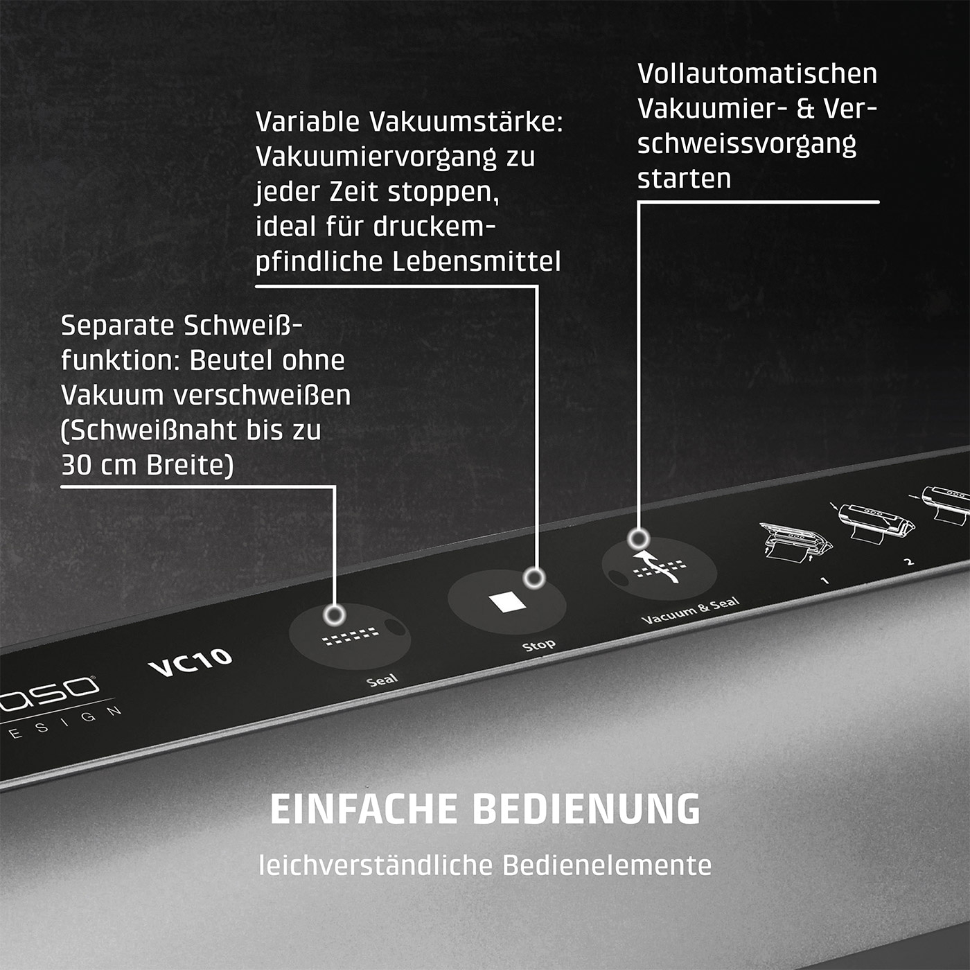 Vacuum sealer with features: vacuum, seal, stop, easy to use, for food preservation.