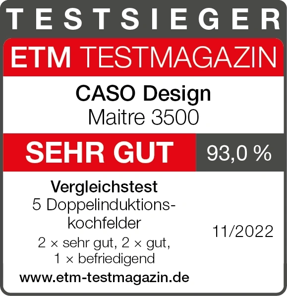 Testmagazin-Auszeichnung für CASO Design Maitre 3500: Sehr gut, 93,0%, 11/2022.