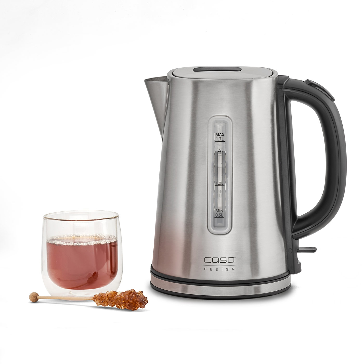 Kettle, glass of tea, sugar stick, stainless steel, kitchen, drink, hot, cooking, design, Caso
