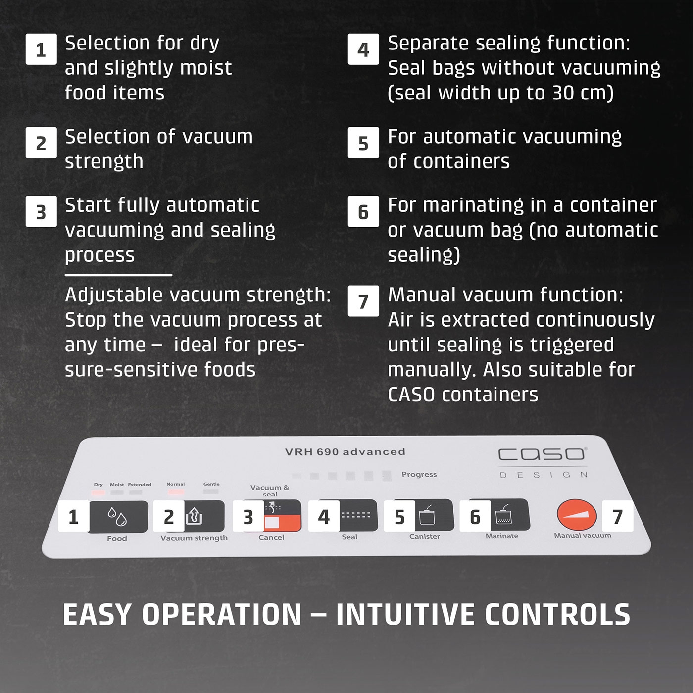 Vacuum sealer with features: dry, vacuum strength, auto, seal, containers, marinate, manual vacuum.