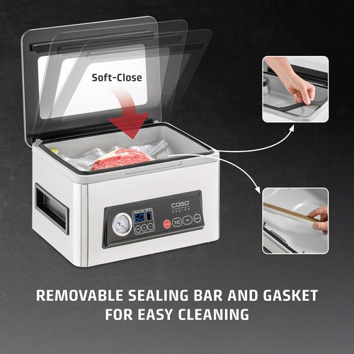 Vacuum sealer with soft-close, removable sealing bar and seal for easy cleaning.