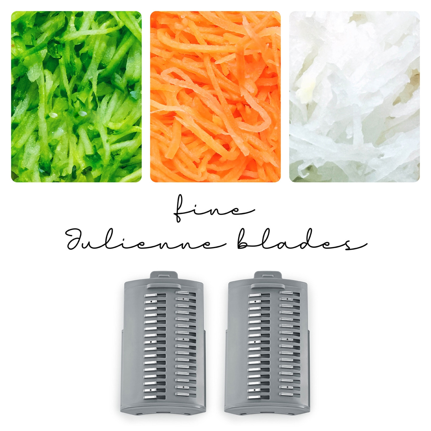Fine julienne blades with vegetables. Carrots, cucumbers and radish.